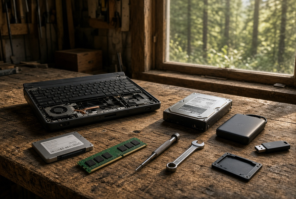 Notebook with handwritten steps beside a laptop on a wooden desk