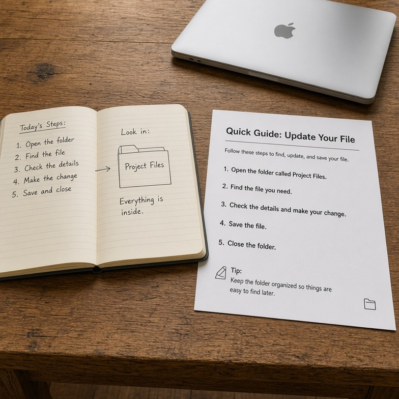 Notebook and quick guide beside a MacBook laptop