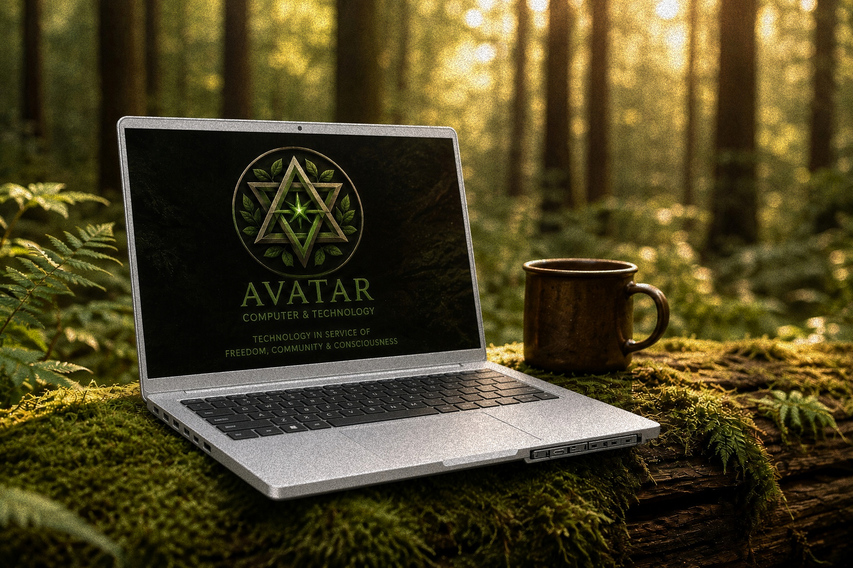 Laptop displaying the Avatar logo on a mossy log in a sunlit forest